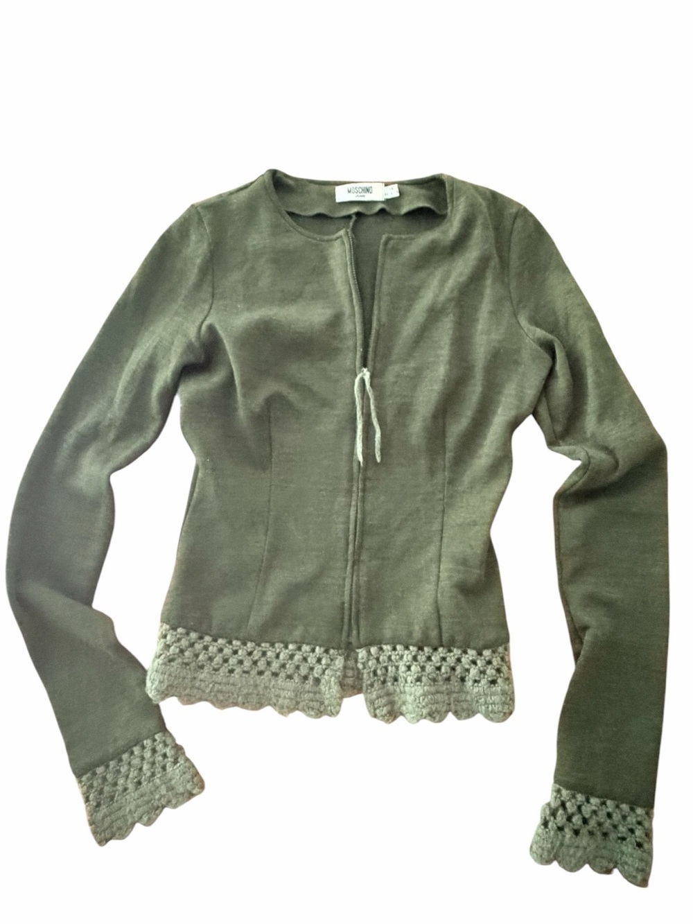 Moschino Jeans Vintage Olive Green Knit Cardigan with Crochet Trim Size US 4